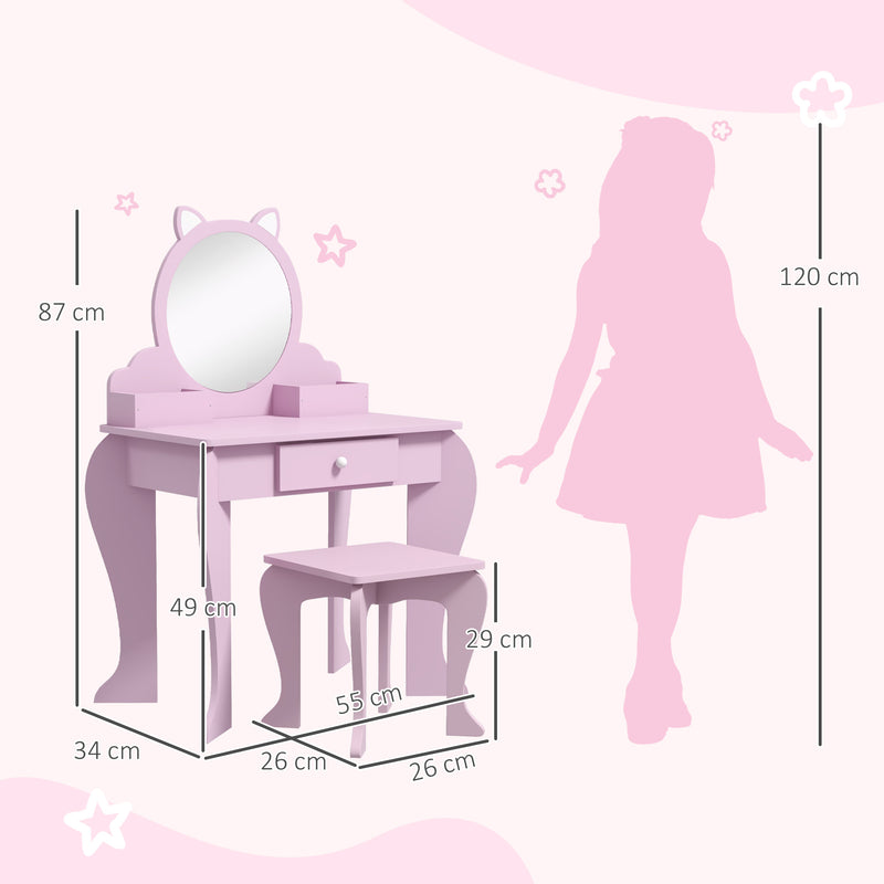 ZONEKIZ Kids Dressing Table, Cat Design w/ Mirror, Stool, Drawer, Storage Box