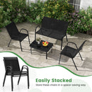 4 Piece Modern Chair and Table Set with Fabric Seat and Tempered Glass Tabletop-Black