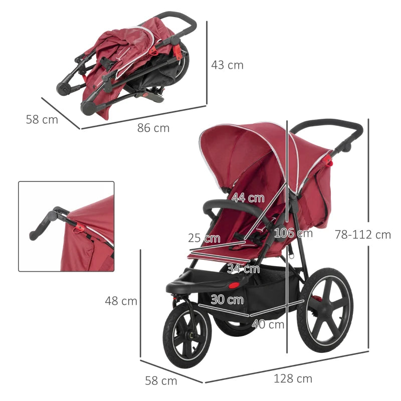 HOMCOM  Three-Wheeler Baby Stroller -  Red