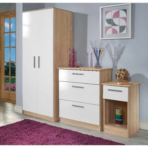 Copenhagen Ready Assembled Bedside Table with 3 Drawers  - White Gloss & Bardolino Oak