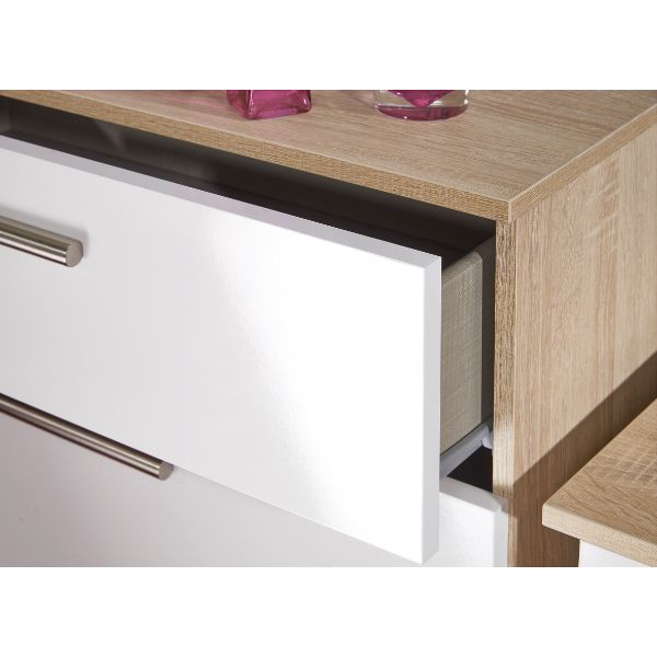 Copenhagen Ready Assembled Deep Chest of Drawers with 3 Drawers  - White Gloss & Bardolino Oak