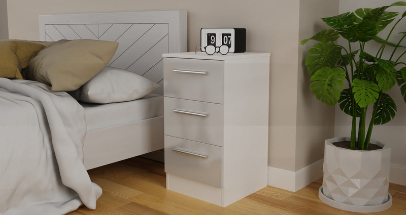 Copenhagen Ready Assembled Bedside Table with 3 Drawers  - Grey Gloss & White