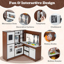 Kids Wooden Corner Play Kitchen with Lighted Range Hood and Stoves-Brown