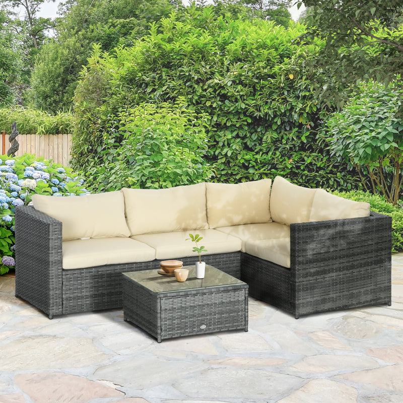 Outsunny 3Pcs Rattan Corner Sofa Set Coffee Table Garden Furniture  w/ Cushion