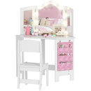 AIYAPLAY Kids Vanity Table and Stool with Lights, Tri-Folding Mirror, White
