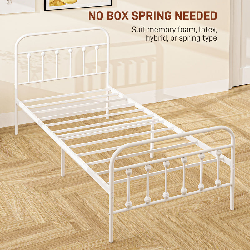 HOMCOM 3ft Metal Single Platform Bed Frame w/ Underbed Storage Headboard White