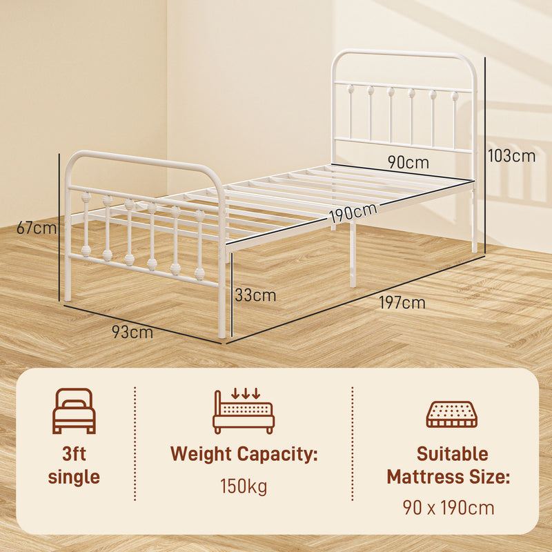 HOMCOM 3ft Metal Single Platform Bed Frame w/ Underbed Storage Headboard White