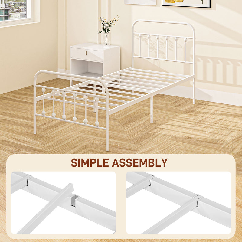 HOMCOM 3ft Metal Single Platform Bed Frame w/ Underbed Storage Headboard White