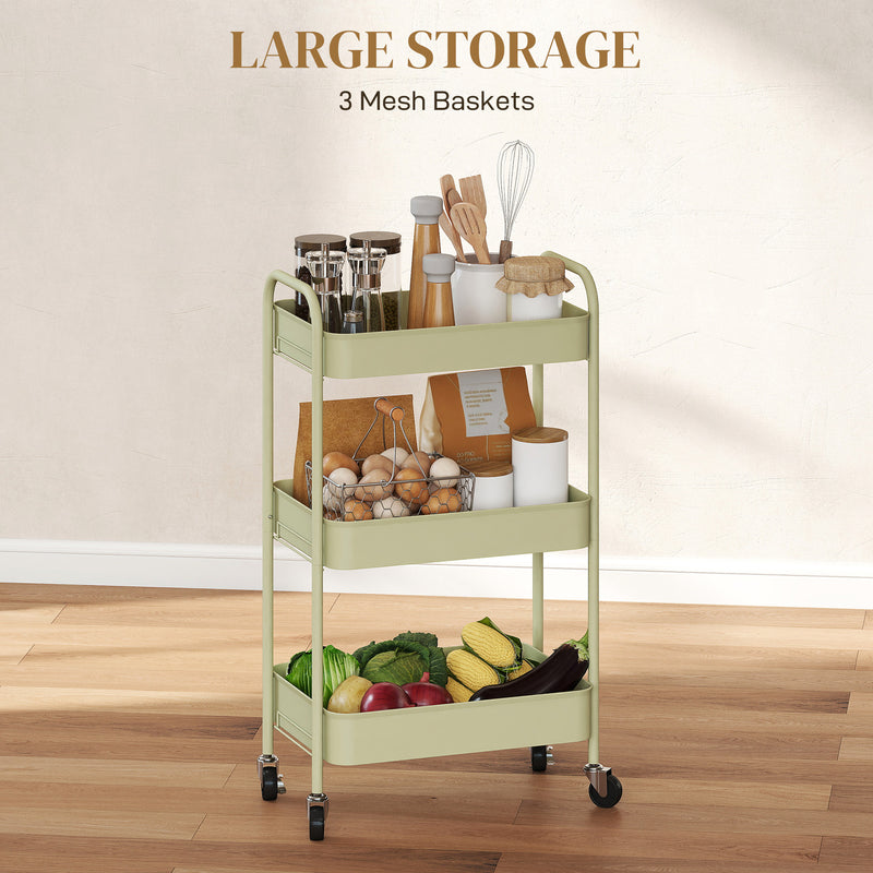 HOMCOM 3 Tier Rolling Utility Cart with 3 Mesh Basket