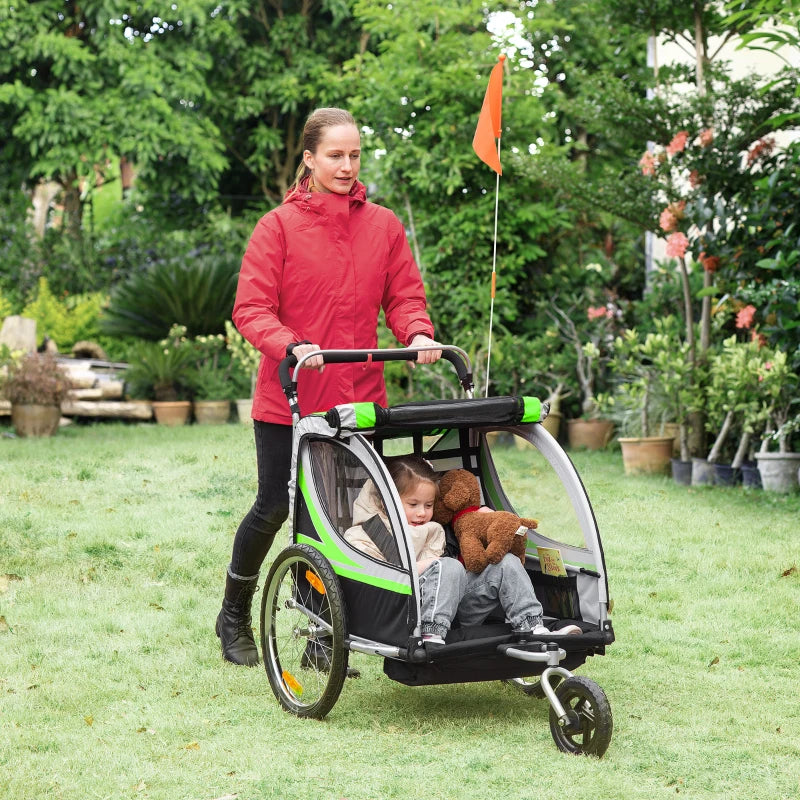 HOMCOM Child Bike Trailer 2 In 1 Baby Stroller = Green