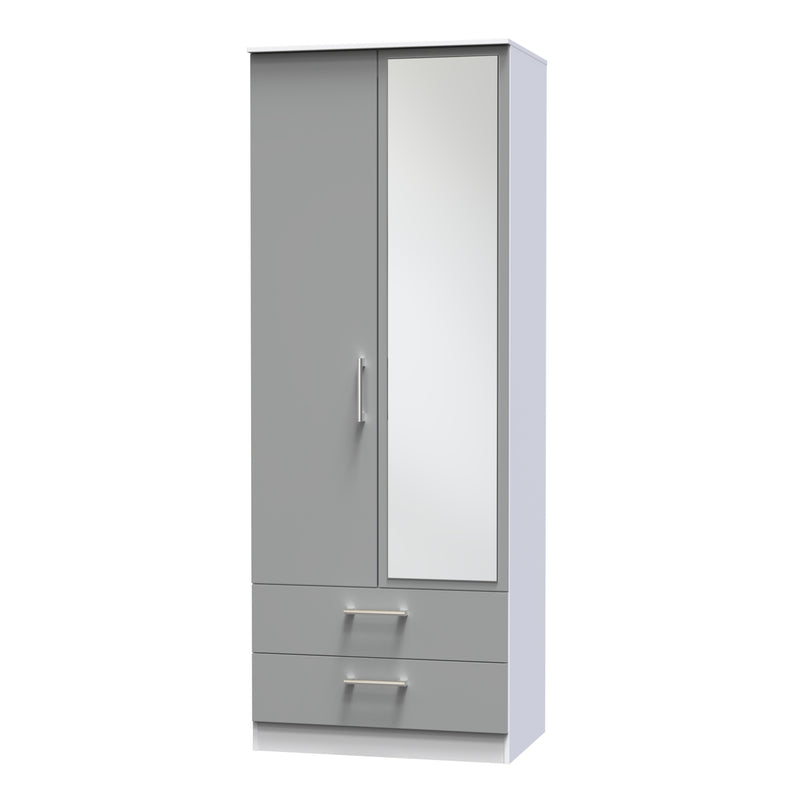 Denver Ready Assembled Wardrobe with 2 Doors and 2 Drawers with Mirror -Grey & White
