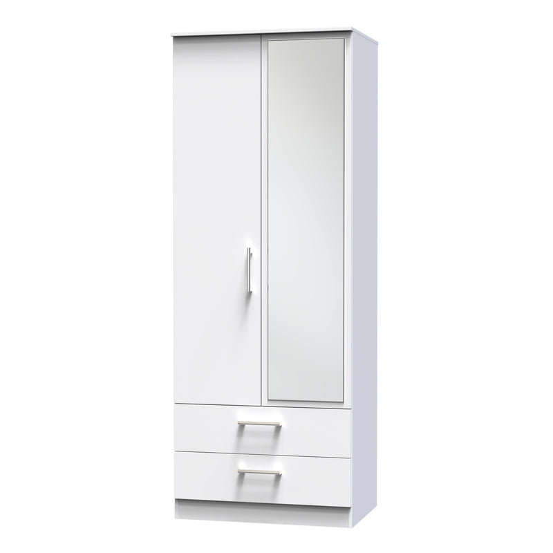 Denver White Ready Assembled Wardrobe with 2 Doors and 2 Drawers with Mirror