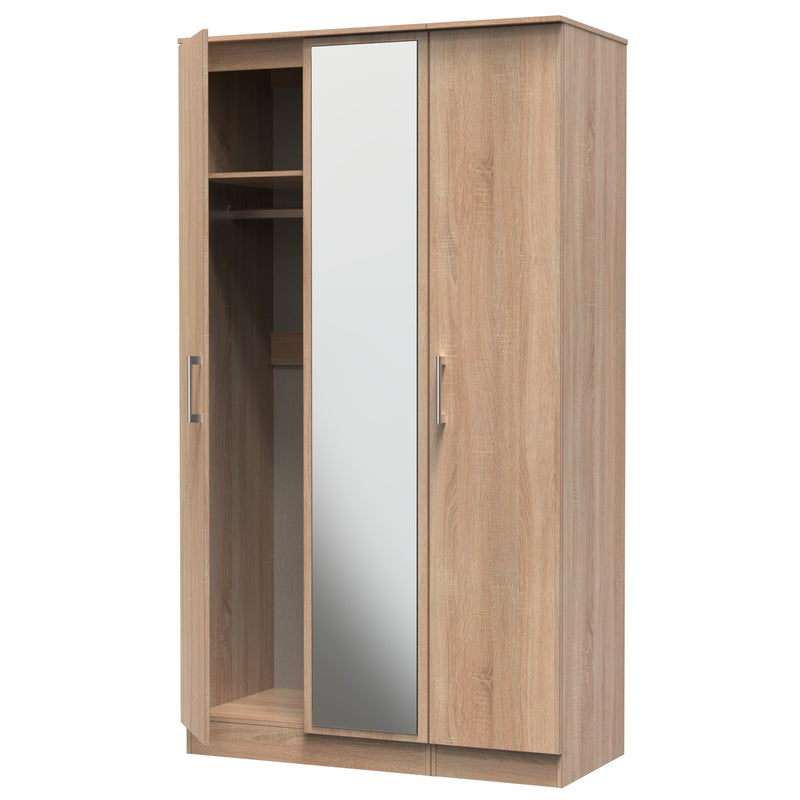 Denver Ready Assembled Wardrobe with Triple Mirror - Oak