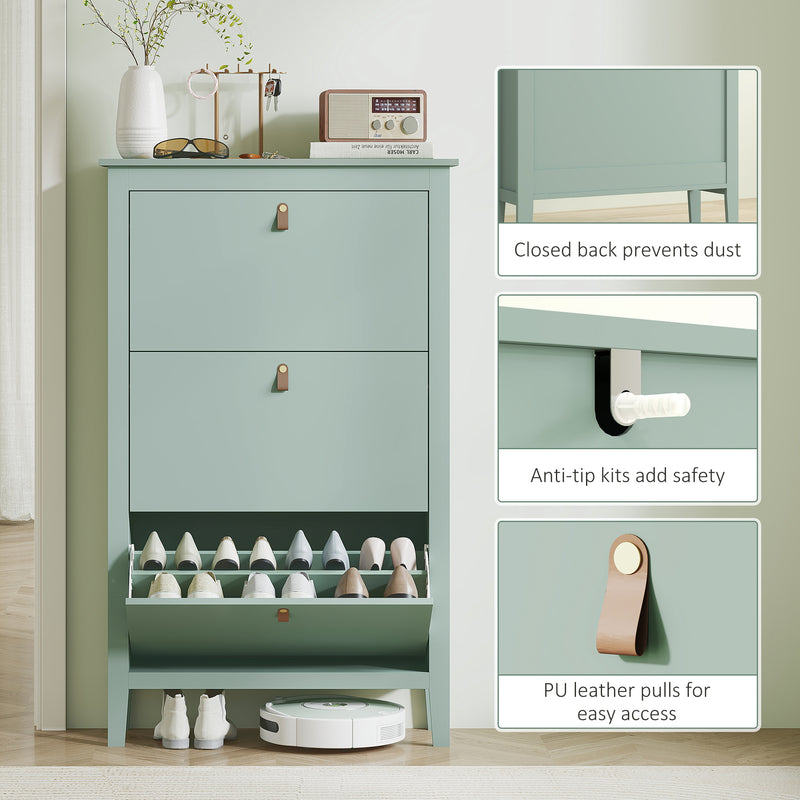 HOMCOM 3 Drawer Shoe Cabinet with Flip Doors for Hallway, Entryway, Green