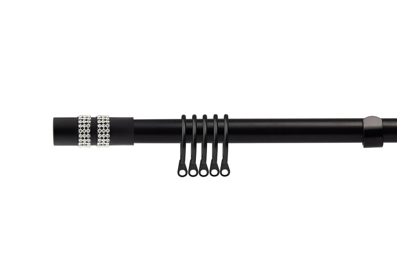 Diamante - Matt Black Extendable Curtain Pole with Rings and Pair of End Finials