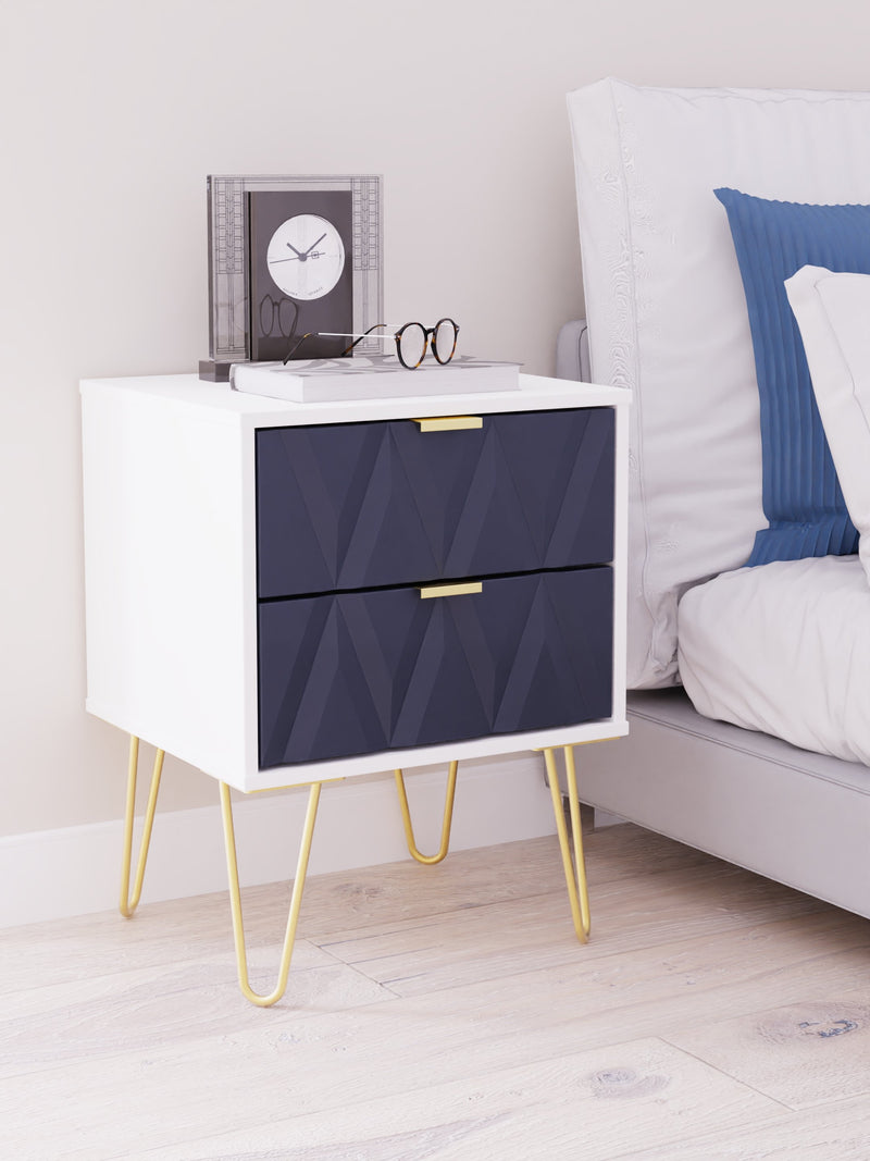 Glitz Ready Assembled 2 Drawer Bedside Cabinet in Indigo Matt & White
