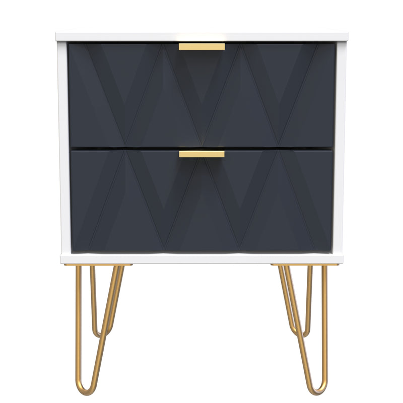 Glitz Ready Assembled 2 Drawer Bedside Cabinet in Indigo Matt & White