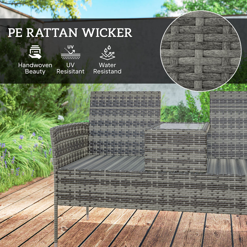 Outsunny Rattan Garden Bench w/ Glass Tea Table, Wicker Chair w/ Cushions