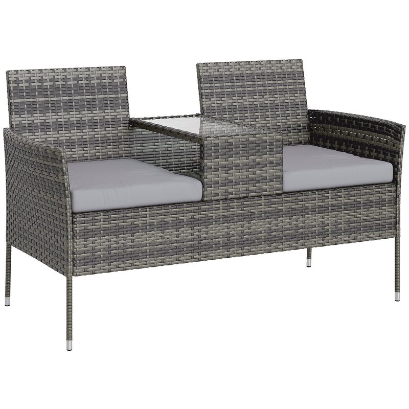 Outsunny Rattan Garden Bench w/ Glass Tea Table, Wicker Chair w/ Cushions