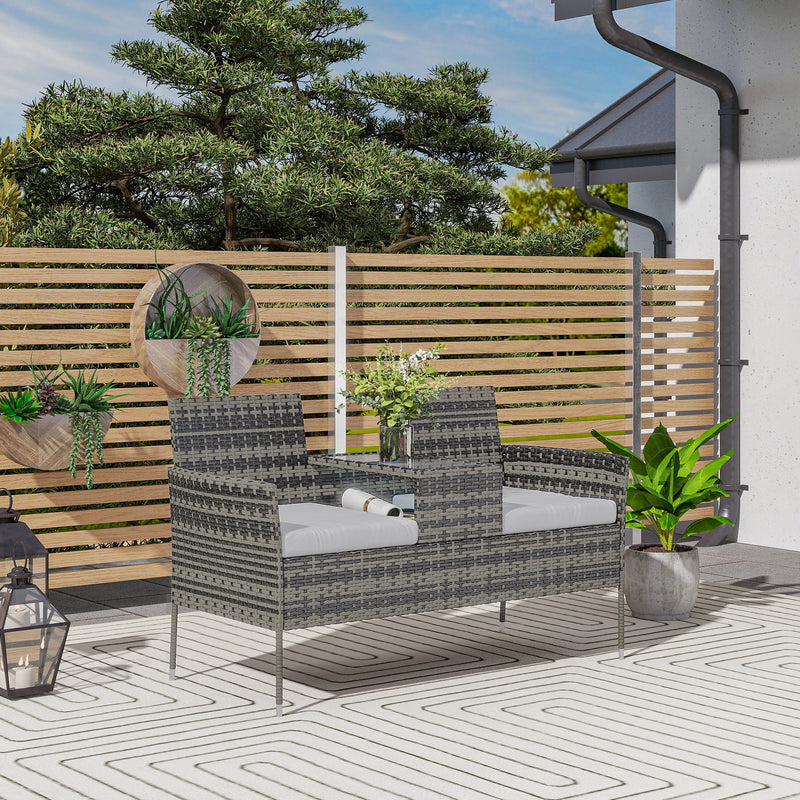 Outsunny Rattan Garden Bench w/ Glass Tea Table, Wicker Chair w/ Cushions