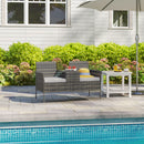 Outsunny Rattan Garden Bench w/ Glass Tea Table, Wicker Chair w/ Cushions