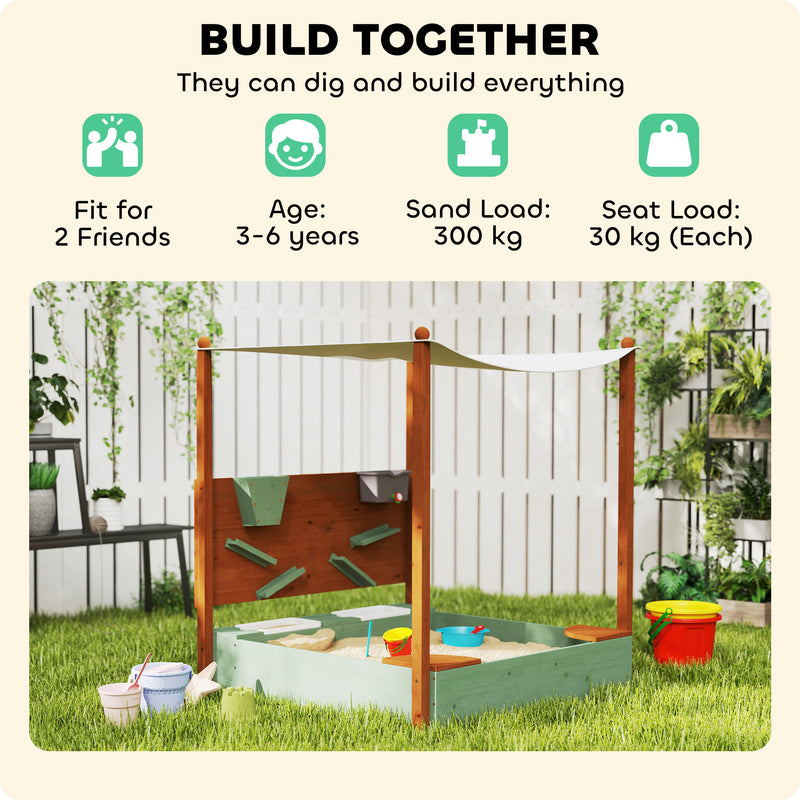 AIYAPLAY Wood Sandpit for Kids with Canopy for Garden, Beach, Green