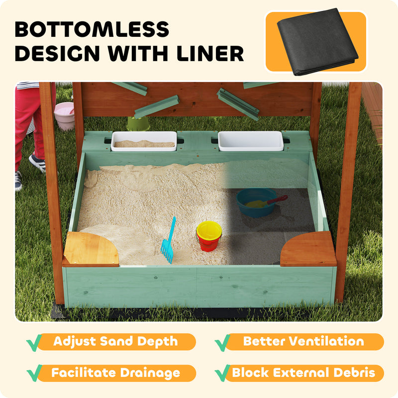 AIYAPLAY Wood Sandpit for Kids with Canopy for Garden, Beach, Green