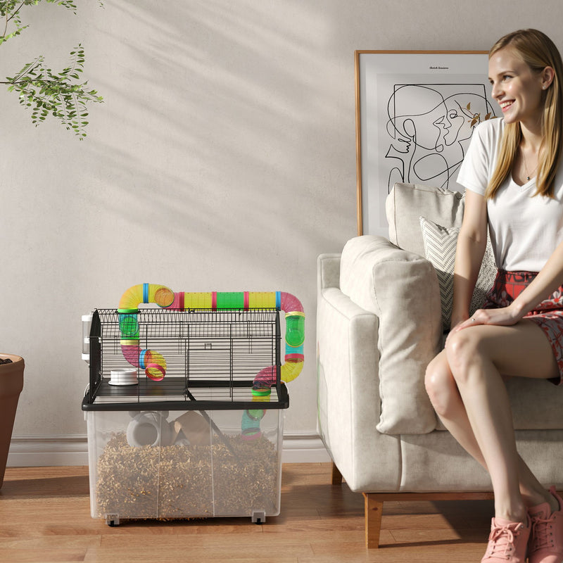 PawHut Hamster Cage with 31cm Deep Tray, Tube System, 58 x 43 x 57cm