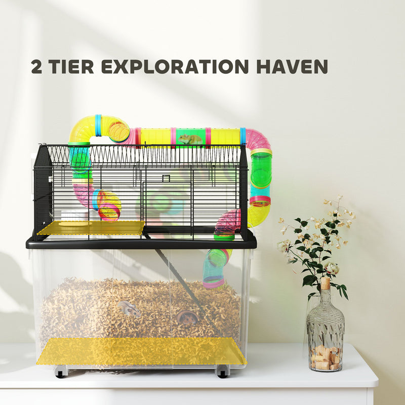 PawHut Hamster Cage with 31cm Deep Tray, Tube System, 58 x 43 x 57cm