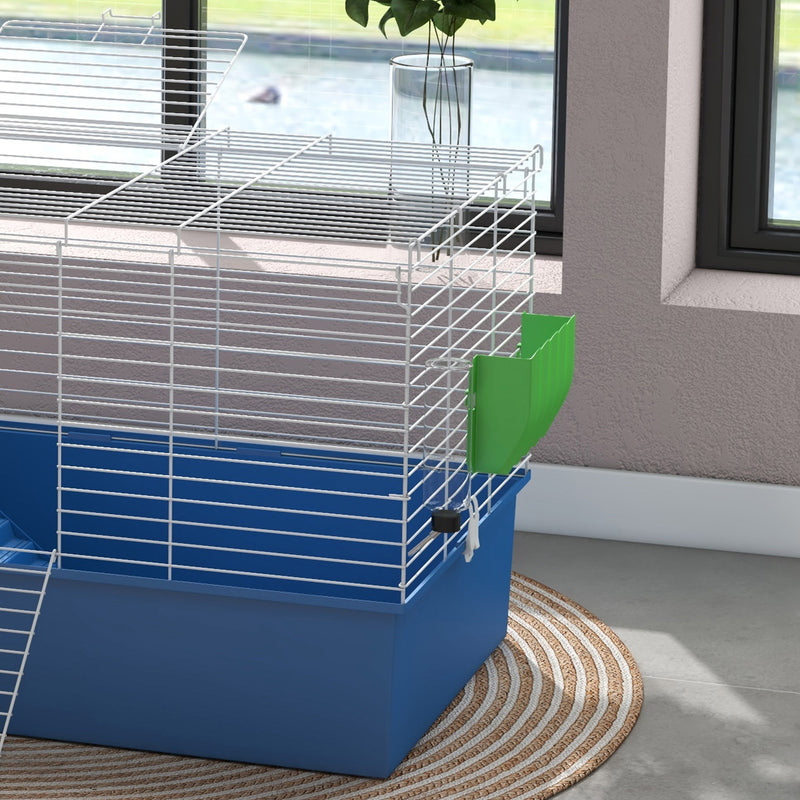 PawHut Small Animal Cage, Rabbit Guinea Pig Hutch, Pet Playhouse, Blue