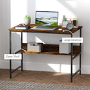 HOMCOM 2-Tier Writing Desk Metal Frame with Storage Shelf Rustic Brown