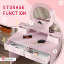 AIYAPLAY Kids Dressing Table Set W/ Stool, Mirror, Drawers - Pink