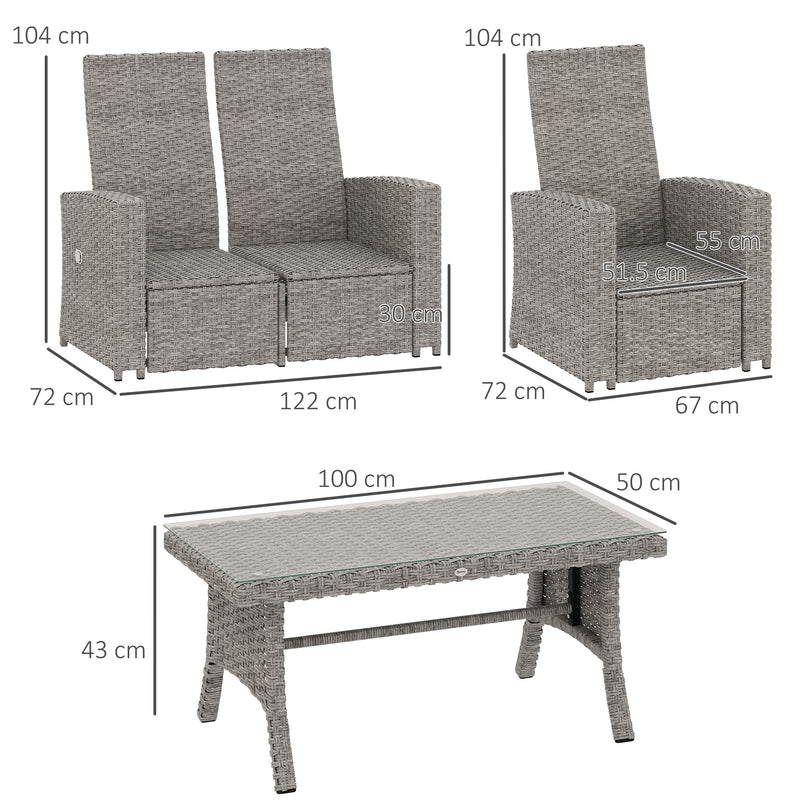 Outsunny 4 Piece Rattan Garden Furniture Set with Sofa, Glass Table, Blue