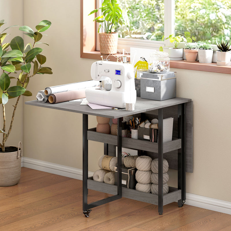 HOMCOM Folding Dining Table, Drop Leaf Table With Open Compartments