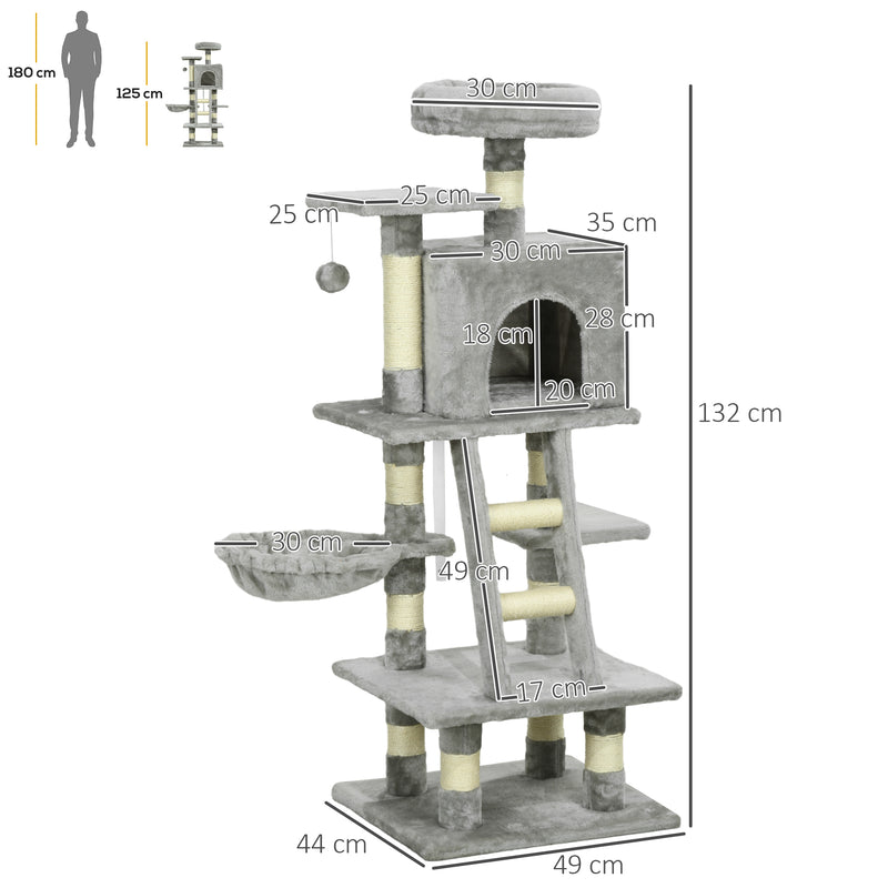 PawHut 132cm Multi-Activity Cat Tree w/ House, Bed, Ladder, Scratch Post - Grey