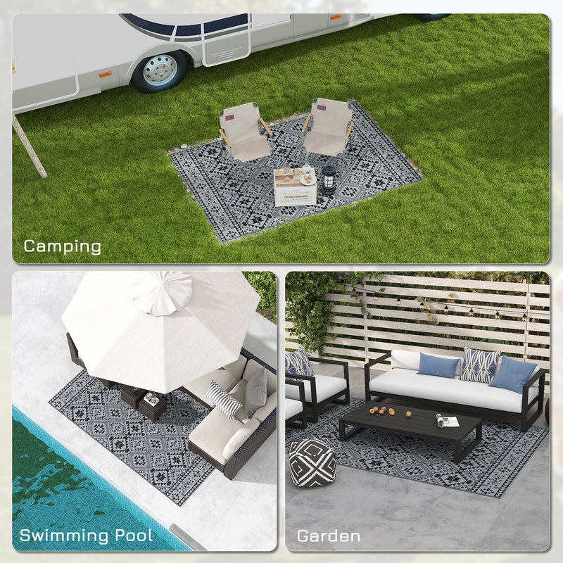 Outsunny Reversible Waterproof Outdoor Rug W/ Carry Bag, 182 X 274cm, Black