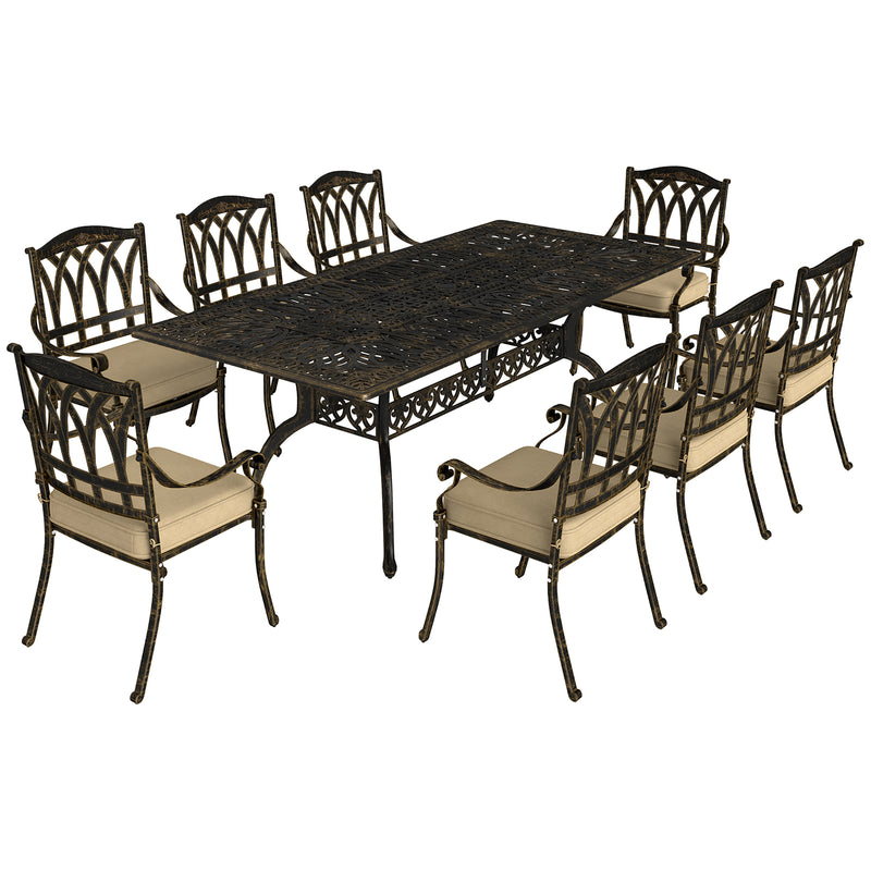 Outsunny 9 Pieces Cast Aluminium Garden Dining Set with Parasol Hole, Bronze