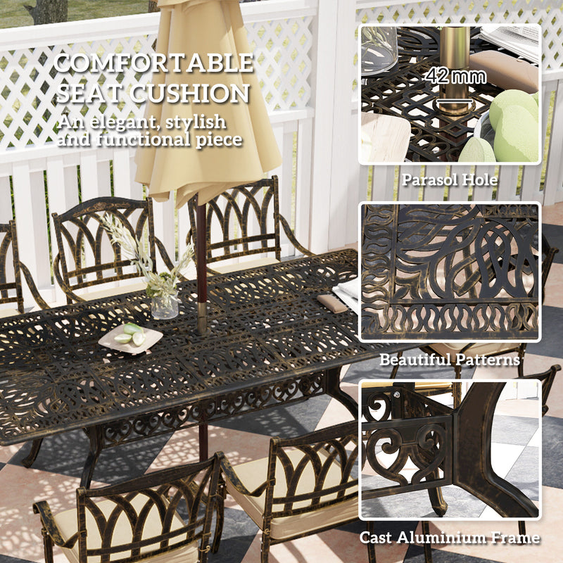 Outsunny 9 Pieces Cast Aluminium Garden Dining Set with Parasol Hole, Bronze