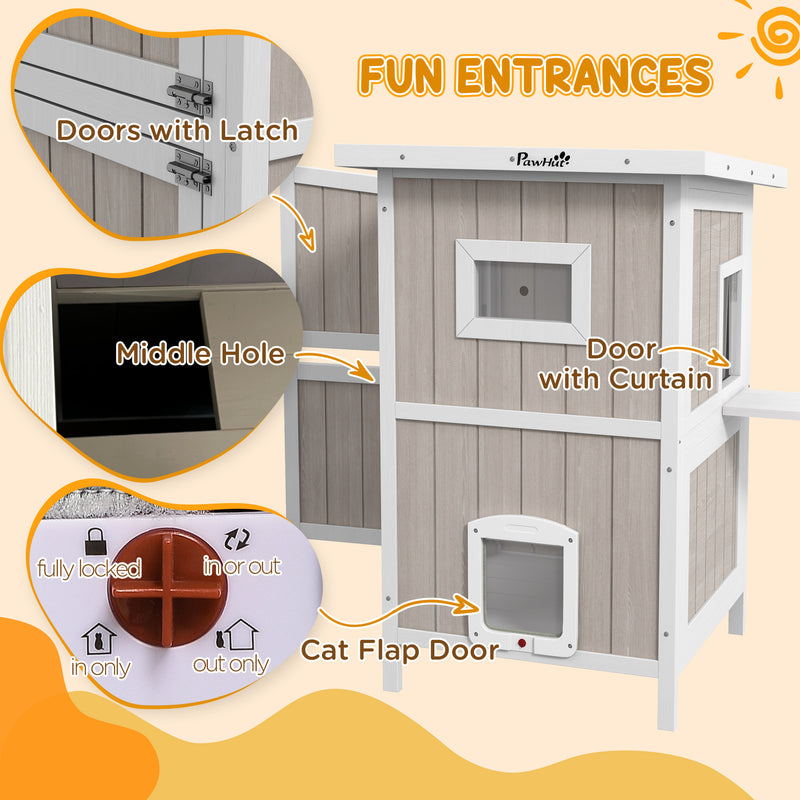 PawHut Outdoor Wooden Cat House w/ Removable Bottom, Escape Doors, for 1-2 Cats