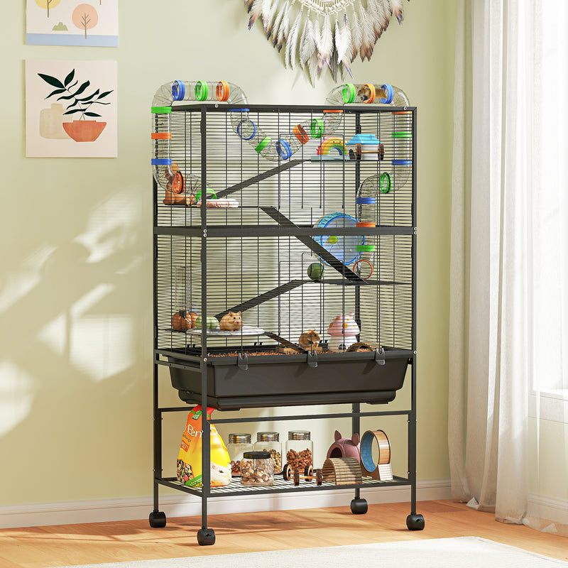 PawHut Hamster Cage, Gerbil Cage On Wheels With Storage Shelf