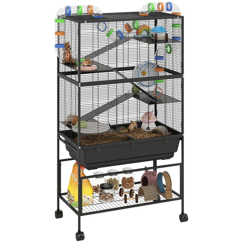 PawHut Hamster Cage, Gerbil Cage On Wheels With Storage Shelf