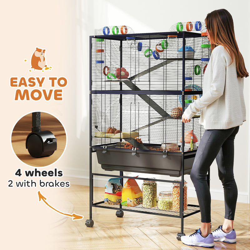 PawHut Hamster Cage, Gerbil Cage On Wheels With Storage Shelf