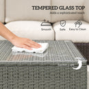 Outsunny Garden Rattan Side Table, Wicker Coffee Desk, Glass Top, Light Grey