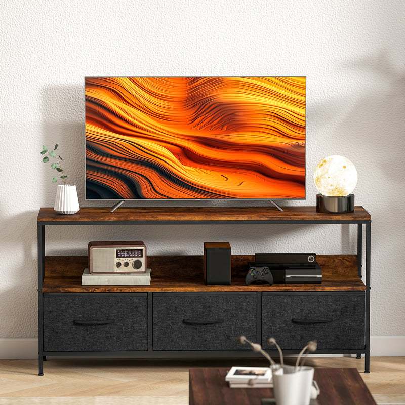 HOMCOM TV Cabinet, TV Console Unit With 3 Foldable Linen Drawers