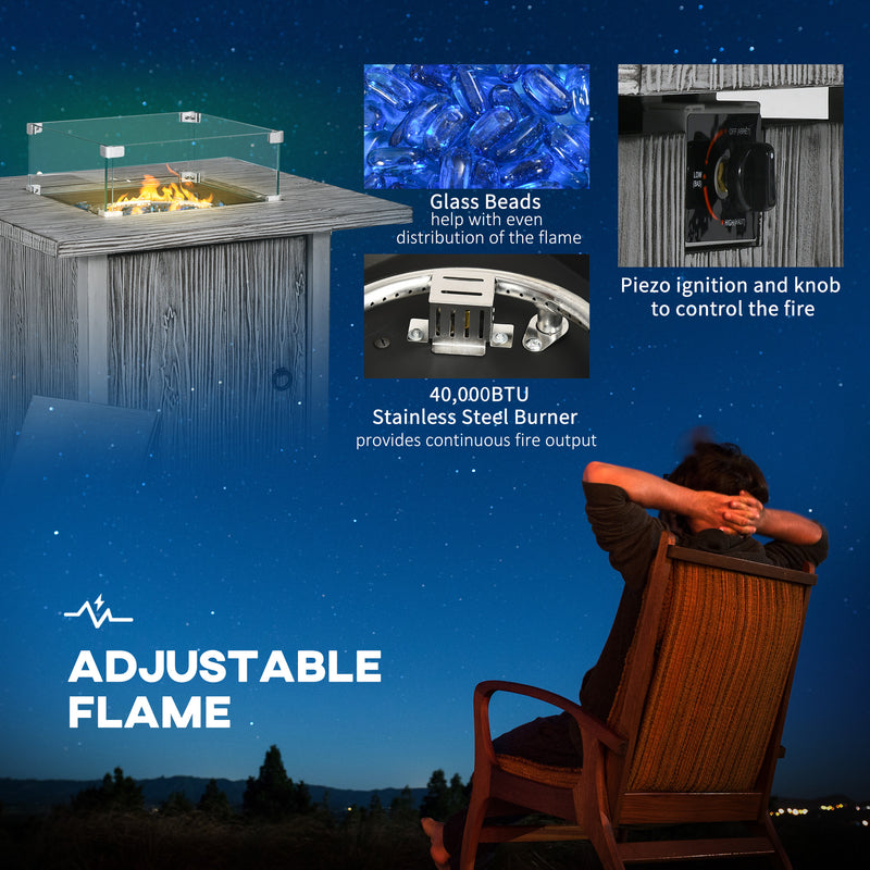 Outsunny Gas Fire Pit Table with 40,000 BTU Burner, Cover, Glass Screen, Grey