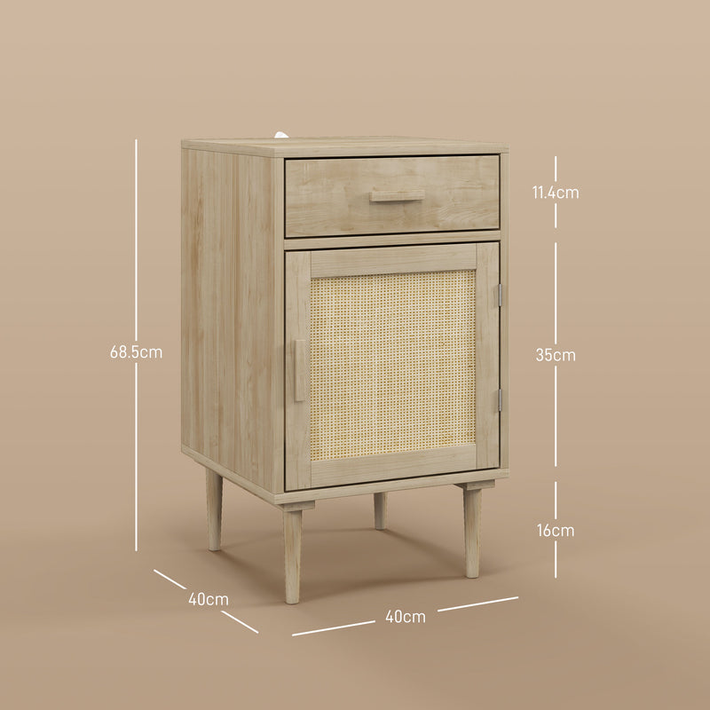 HOMCOM Bedside Table with Rattan Drawer, Cabinet and Adjustable Shelf, Natural