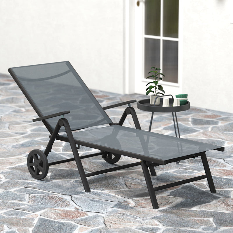 Outsunny Folding Sun Lounger w/ Wheels, 5-Position Adjustable Sunbed, Grey