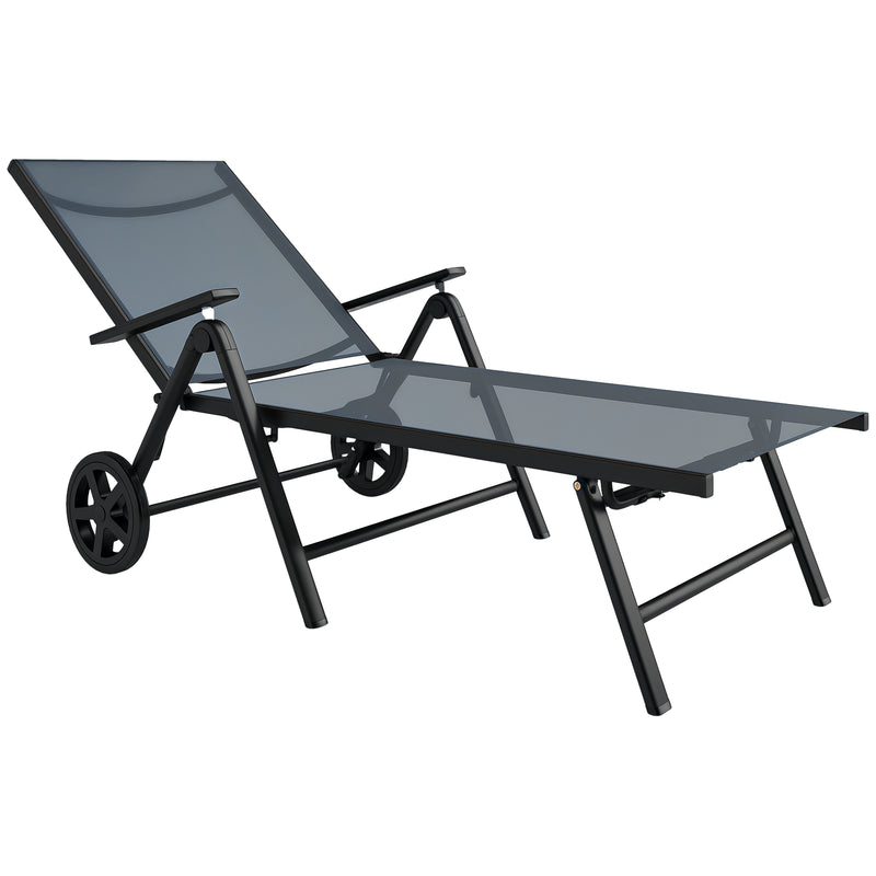 Outsunny Folding Sun Lounger w/ Wheels, 5-Position Adjustable Sunbed, Grey