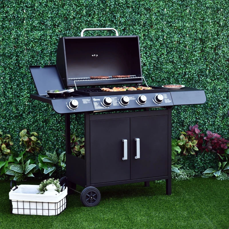 Outsunny 4+1 Gas Burner Grill BBQ Trolley Backyard Garden Smoker Side Burner Barbecue w/ Storage Side Table Wheels