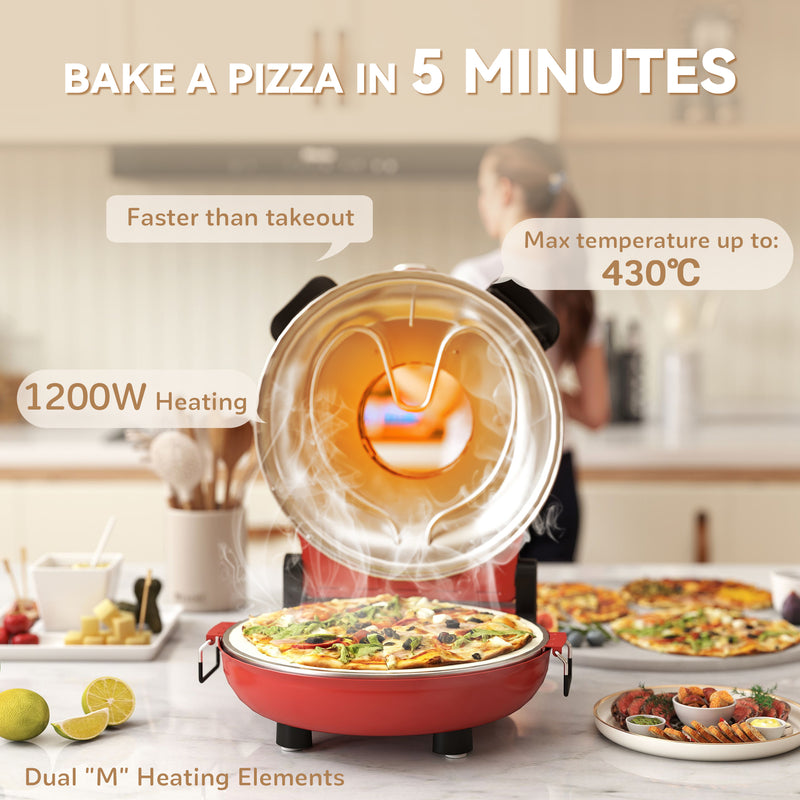 HOMCOM 1200W Pizza Oven, Pizza Maker, 5-Min Crisp, Dual Knob Control